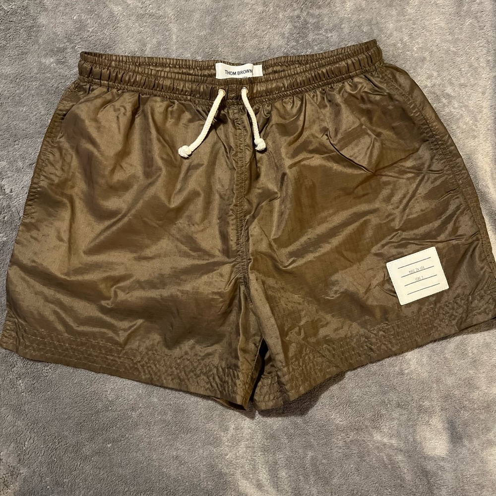 Thom Browne Mens Olive Green Swim Trunks